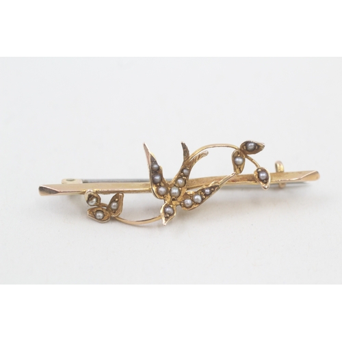 94 - 9ct gold Victorian seed pearl sparrow brooch (2.1g)