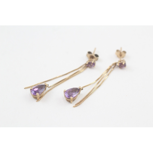 29 - 9ct gold amethyst drop earrings with scroll backs (1.9g)