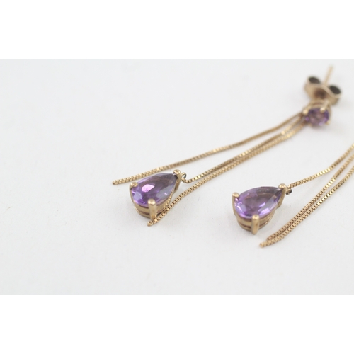 29 - 9ct gold amethyst drop earrings with scroll backs (1.9g)