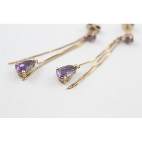 29 - 9ct gold amethyst drop earrings with scroll backs (1.9g)