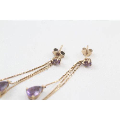 29 - 9ct gold amethyst drop earrings with scroll backs (1.9g)