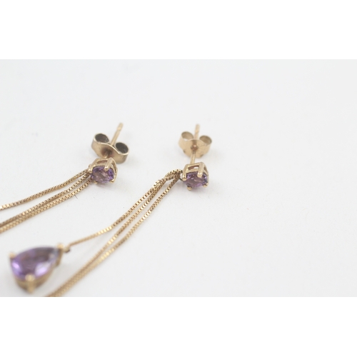 29 - 9ct gold amethyst drop earrings with scroll backs (1.9g)