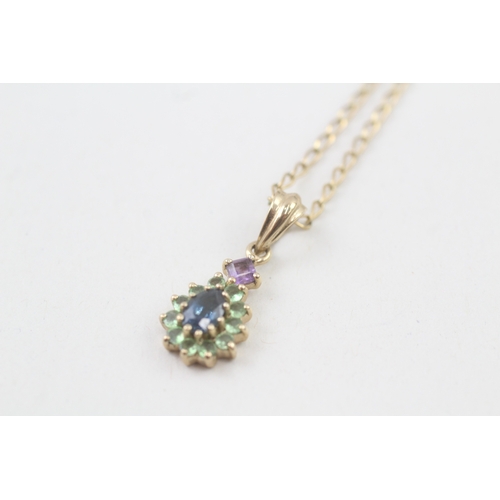 32 - 9ct gold multi gemstone cluster pendant necklace including amethyst (2.9g)