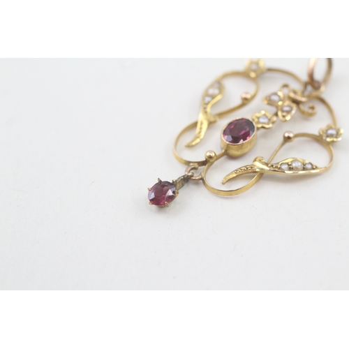 34 - 9ct gold edwardian garnet & seed pearl pendant (2.8g)