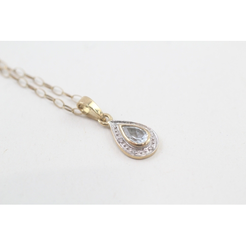 35 - 9ct gold pear cut blue topaz & diamond pendant necklace (1.6g)