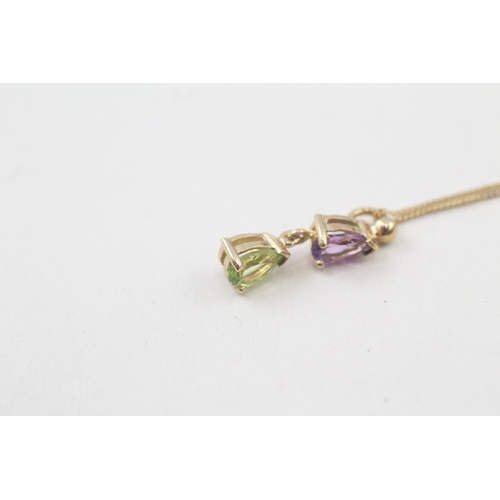 38 - 9ct gold amethyst & peridot two stone pendant necklace (1.5g)