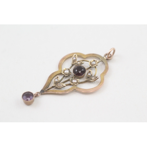 39 - 9ct gold edwardian amethyst, garnet & seed pendant (2.3g)