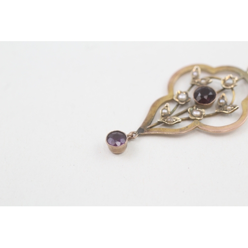 39 - 9ct gold edwardian amethyst, garnet & seed pendant (2.3g)