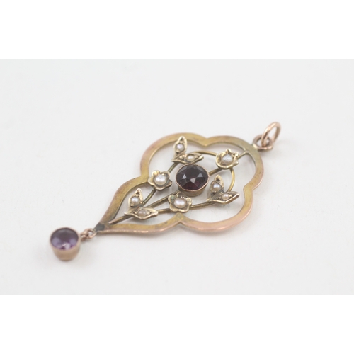 39 - 9ct gold edwardian amethyst, garnet & seed pendant (2.3g)