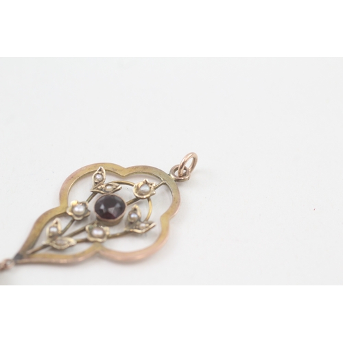 39 - 9ct gold edwardian amethyst, garnet & seed pendant (2.3g)