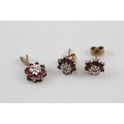 5 - 2x 9ct gold ruby & diamond cluster pendant & earrings set (1.6g)