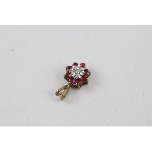 5 - 2x 9ct gold ruby & diamond cluster pendant & earrings set (1.6g)