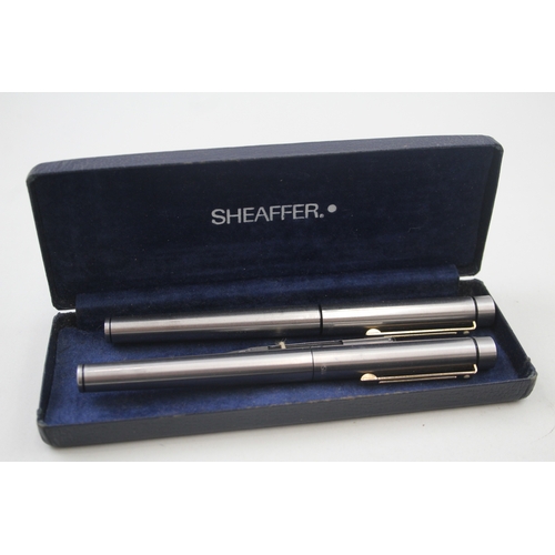 531 - 2 x Vintage Sheaffer Imperial Brushed Steel Fountain Pens w/ 14ct Gold Nibs