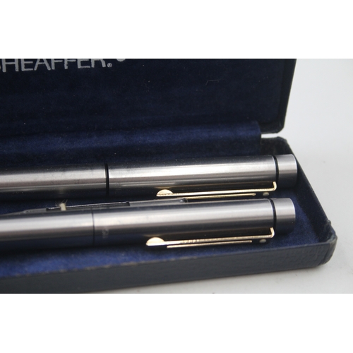 531 - 2 x Vintage Sheaffer Imperial Brushed Steel Fountain Pens w/ 14ct Gold Nibs