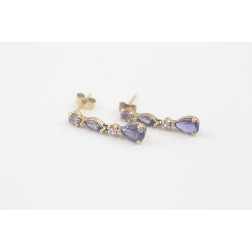 56 - 9ct gold iolite & tanzanite drop earrings with scroll backs (1.1g)