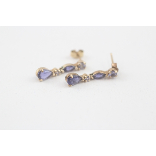 56 - 9ct gold iolite & tanzanite drop earrings with scroll backs (1.1g)