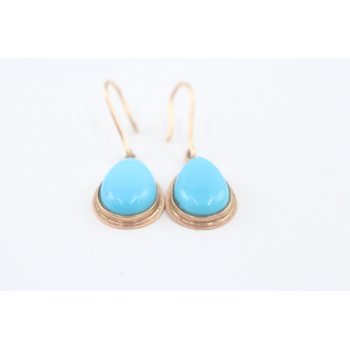 57 - 14ct gold cabochon cut turquoise drop earrings with french hooks (5g)