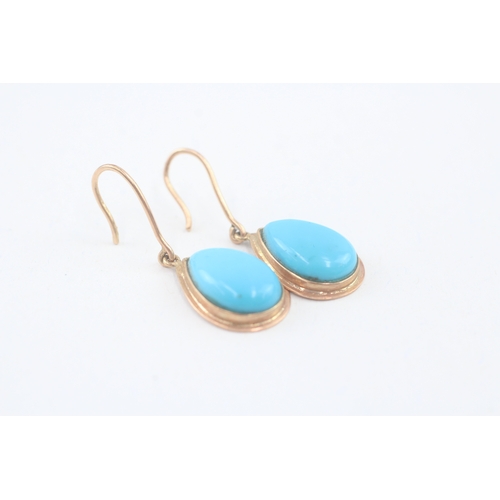 57 - 14ct gold cabochon cut turquoise drop earrings with french hooks (5g)