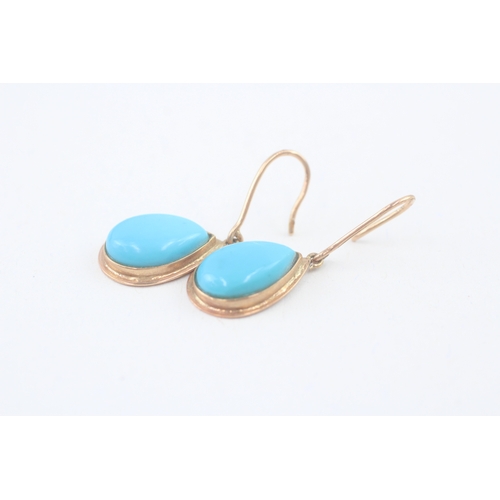 57 - 14ct gold cabochon cut turquoise drop earrings with french hooks (5g)