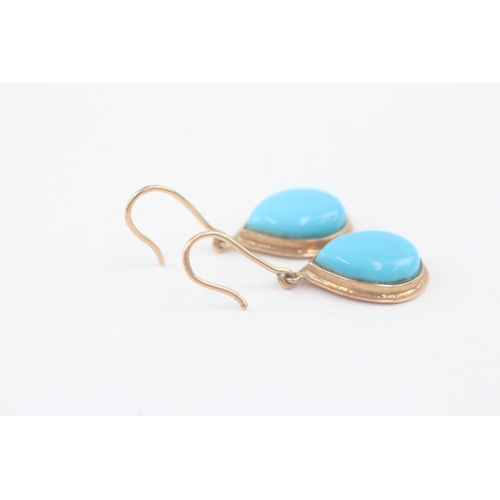 57 - 14ct gold cabochon cut turquoise drop earrings with french hooks (5g)