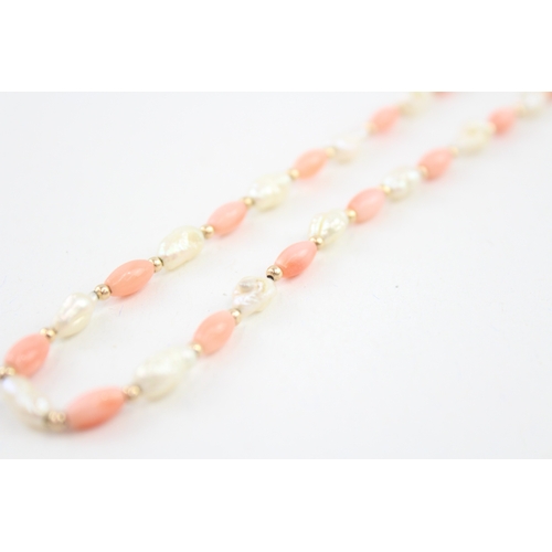 64 - 9ct gold coral & rice pearl necklace (7.1g)