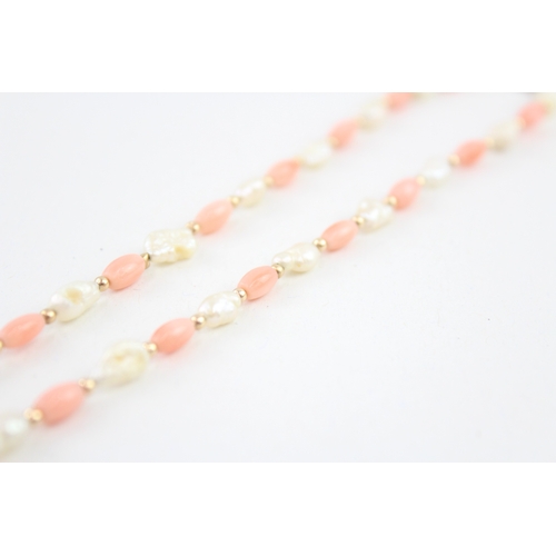 64 - 9ct gold coral & rice pearl necklace (7.1g)