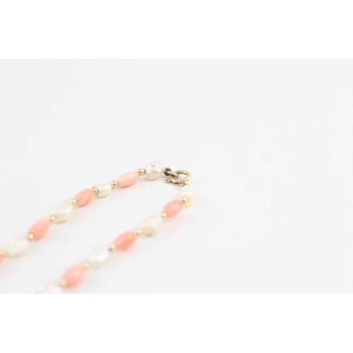 64 - 9ct gold coral & rice pearl necklace (7.1g)