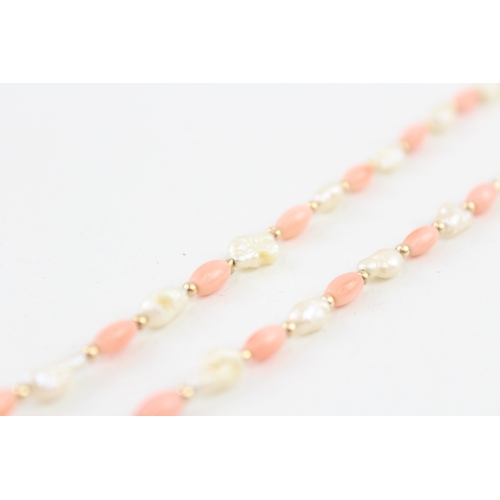 64 - 9ct gold coral & rice pearl necklace (7.1g)