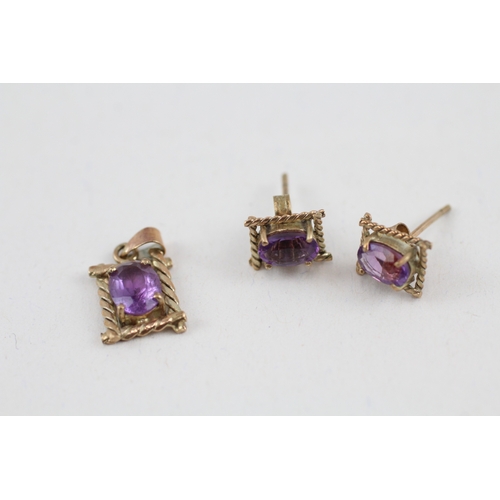 74 - 2x 9ct gold amethyst pendant & stud earrings set (1.7g)