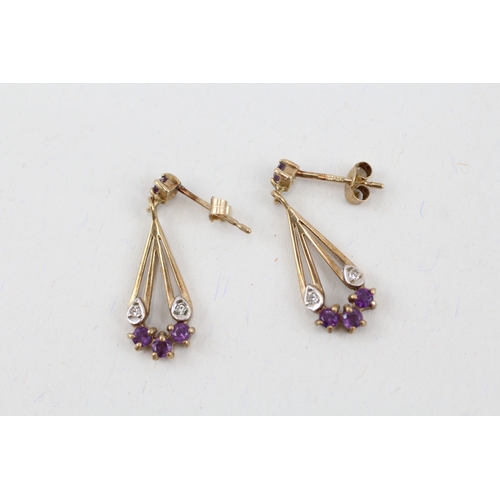 81 - 9ct gold amethyst & diamond drop earrings (1.3g)