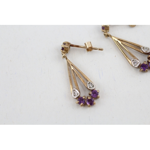 81 - 9ct gold amethyst & diamond drop earrings (1.3g)