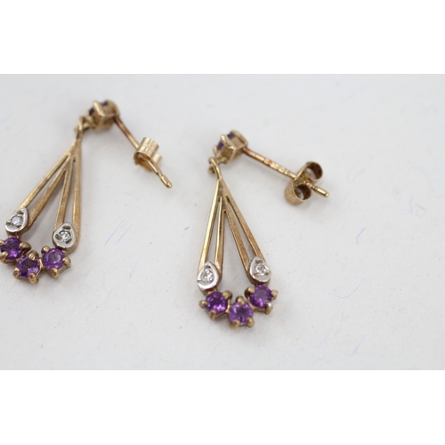 81 - 9ct gold amethyst & diamond drop earrings (1.3g)