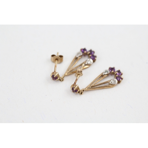 81 - 9ct gold amethyst & diamond drop earrings (1.3g)