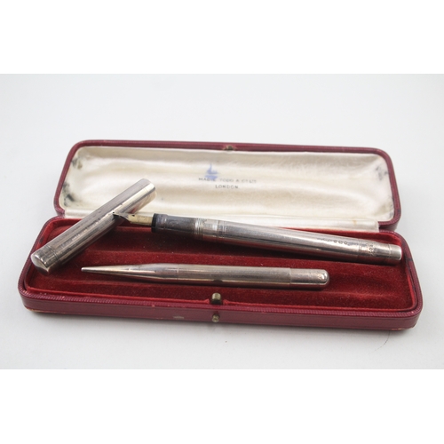 546 - MABIE TODD Swan 1936 London Sterling Silver Fountain Pen w/ 14ct Nib, Pencil 42g