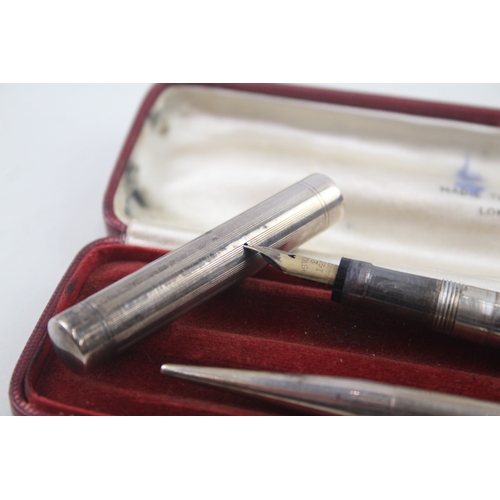 546 - MABIE TODD Swan 1936 London Sterling Silver Fountain Pen w/ 14ct Nib, Pencil 42g