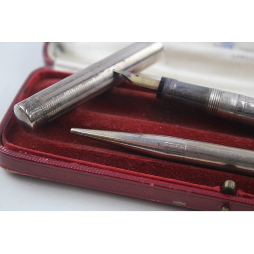 546 - MABIE TODD Swan 1936 London Sterling Silver Fountain Pen w/ 14ct Nib, Pencil 42g