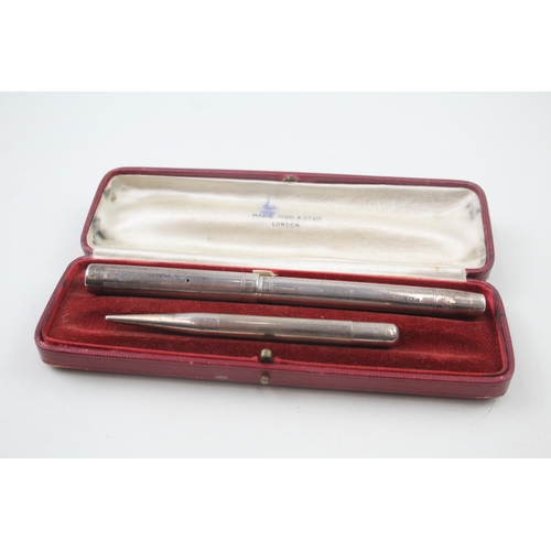 546 - MABIE TODD Swan 1936 London Sterling Silver Fountain Pen w/ 14ct Nib, Pencil 42g