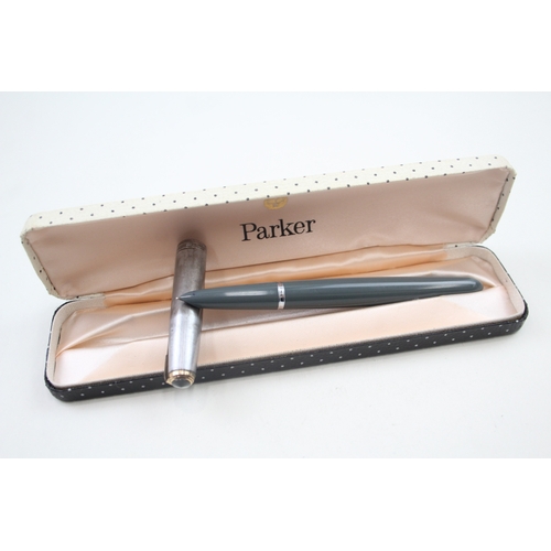 547 - Vintage Parker 51 Grey Fountain Pen w/ 14ct Gold Nib, .925 Sterling Cap, Box Etc