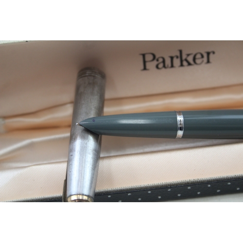 547 - Vintage Parker 51 Grey Fountain Pen w/ 14ct Gold Nib, .925 Sterling Cap, Box Etc