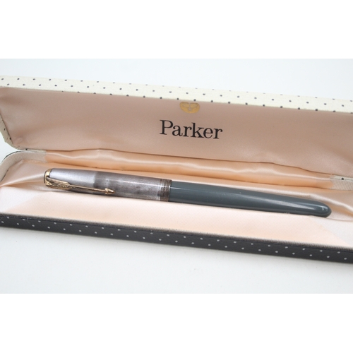 547 - Vintage Parker 51 Grey Fountain Pen w/ 14ct Gold Nib, .925 Sterling Cap, Box Etc