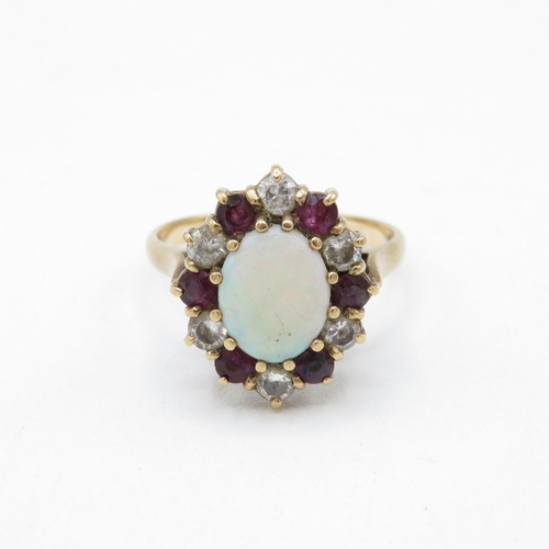 3 - 9ct gold ruby, opal & cubic zirconia cluster cocktail ring (4.8g) Size  U