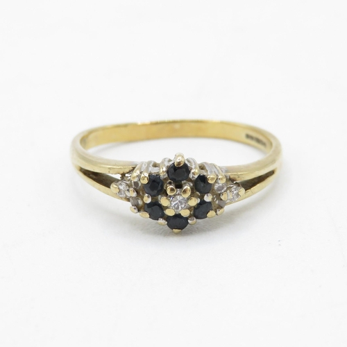 43 - 9ct gold vintage sapphire and diamond floral cluster dress ring (2.1g) Size  O