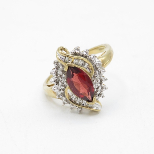 58 - 9ct gold garnet and diamond marquise halo dress ring (3.6g) Size  N