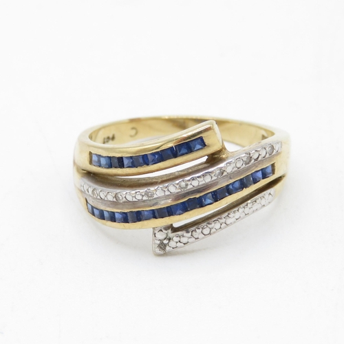 134 - 9ct gold sapphire and diamond multi row cocktail ring (4.4g) Size  S