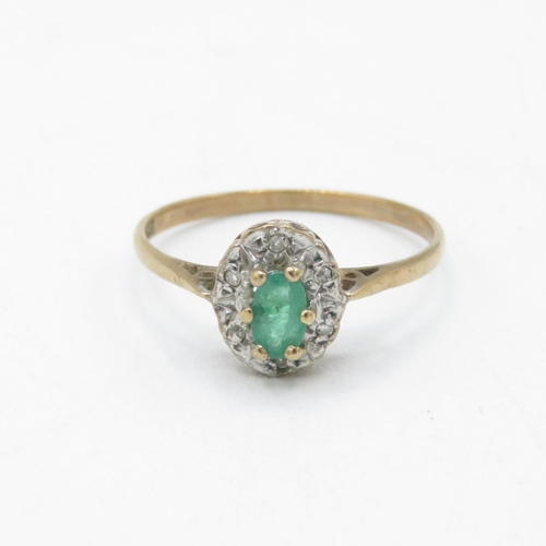 140 - 9ct gold emerald and diamond halo dress ring (1.5g) Size  O