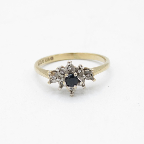 182 - 9ct gold vintage sapphire and diamond floral cluster dress ring (1.7g) Size  L