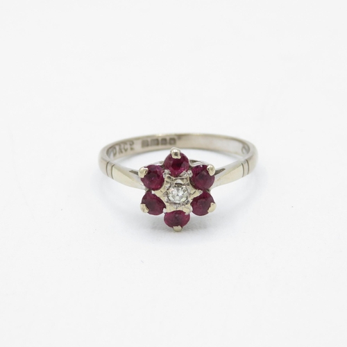 205 - 18ct gold diamond & ruby floral cluster ring (2.8g) Size  M