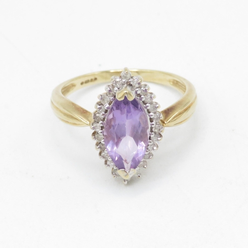 103 - 9ct gold marquise cut amethyst & diamond dress ring, claw set (3g) Size  O