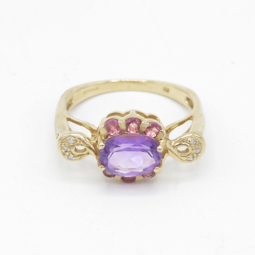 55 - 9ct gold amethyst, diamond & tourmaline dress ring (2.9g) Size  N