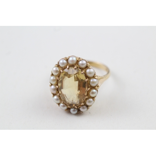 111 - 9ct gold citrine & seed pearl dress ring (5.9g) Size  P